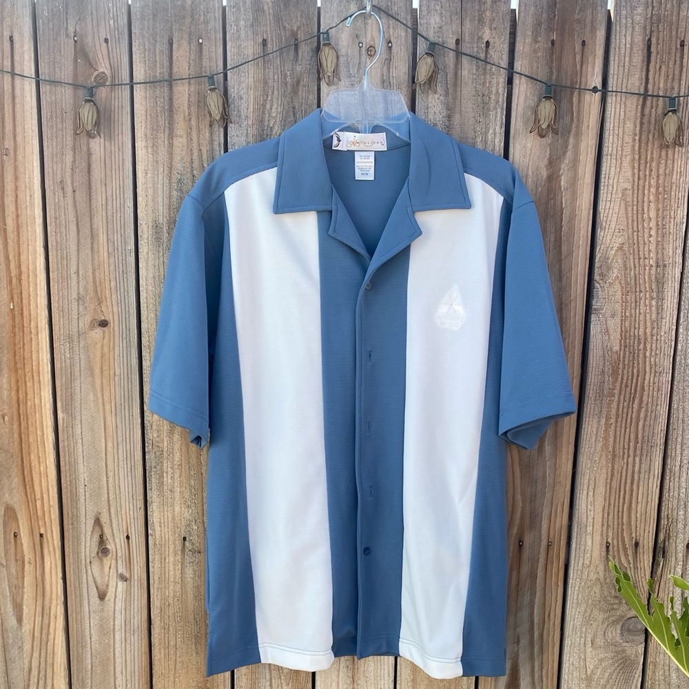 vintage mitsubishi motors shirt men size m button white blue classic